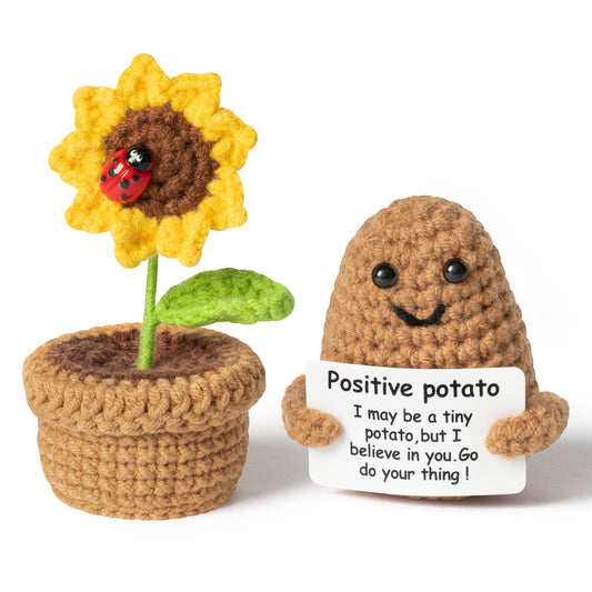 DJianrang 2PCS Mini Funny Positive Potato Flowers Pot Handmade Crochet Desk Decoration 3 inch Knitted Potatoes with Inspirational Card 4 inch Sunflower Wool Doll Cheer Up Encouragement Gift for Friend