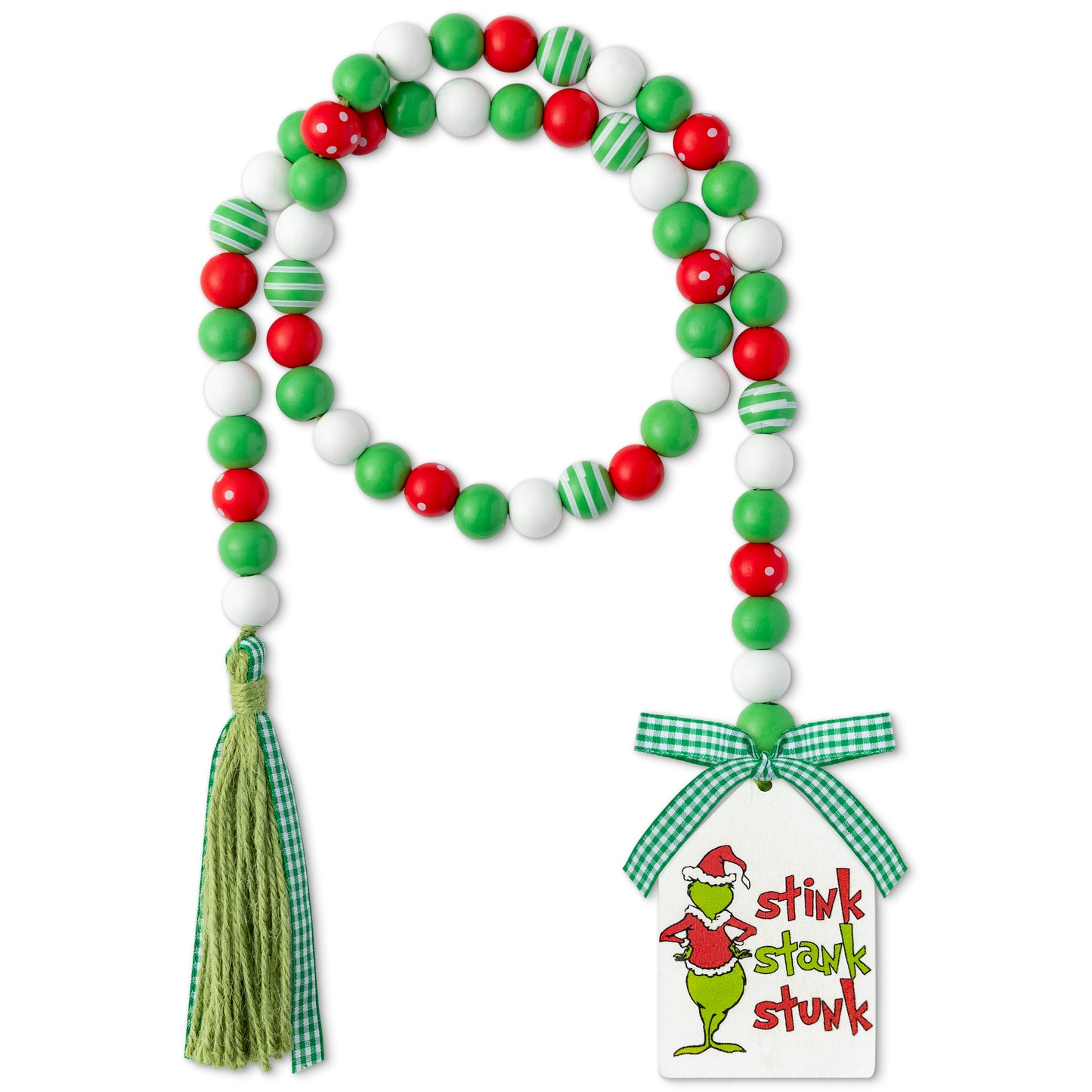 DJianrang Christmas Thief Green Monster Wood Bead Garland Rustic Natural Beads with Cotton Rope Plaid Tassel Stink Stank Stunk Wooden Tag Farmhouse Holiday Ornaments for Xmas Tree Wreath Tiered Tray