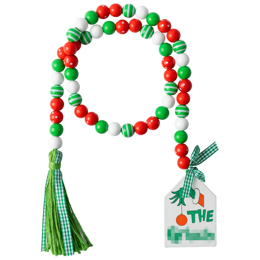 DJianrang Christmas Wood Beads Tassel Xmas Farmhouse Garland with Green Jute Rope Plaid Tassel Christmas Monster Tag Natural Rustic Wooden Beads Country Decor for Christmas Tree Holiday Ornaments