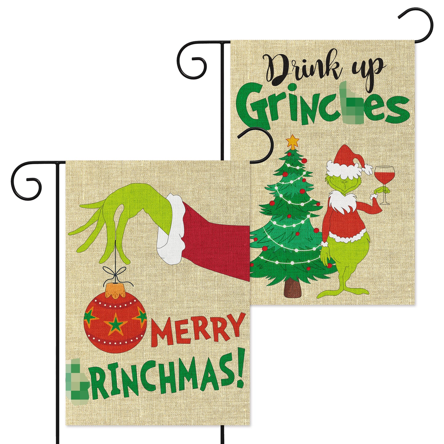 DJianrang 2Pcs Merry Christmas Garden Flag Double Sided Print Burlap Vertical Yard Flags with Green Monster Xmas Tree House Flag Holiday Decoration for Winter Home Indoor Outdoor Lawn Patios 12X18 in