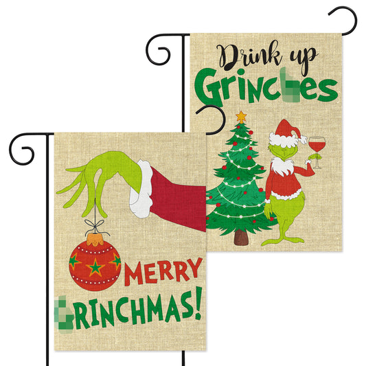 DJianrang 2Pcs Merry Christmas Garden Flag Double Sided Print Burlap Vertical Yard Flags with Green Monster Xmas Tree House Flag Holiday Decoration for Winter Home Indoor Outdoor Lawn Patios 12X18 in