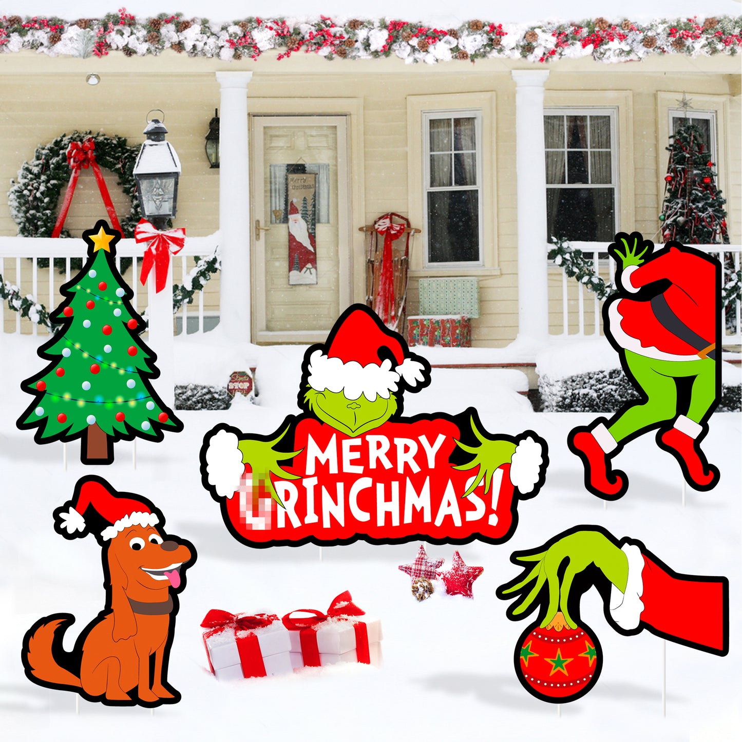 DJianrang 5Pcs Merry Christmas Yard Sign Furry Green Monster Xmas Tree Dog Lawn Signs with Stakes Indoor Outdoor Garden Courtyard Decorations for Winter Christmas Theme Holiday Party Supplies