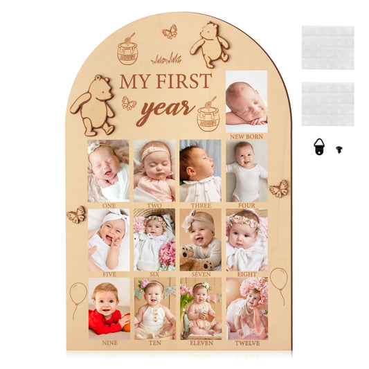 DJianrang My First Year Photo Display Wood Board Bear Pattern Baby's 1st Birthday Picture Frame Newborn 12 Months Photos Milestone Memories Keepsake Board Gift Nursery Decoration for Boys Girls