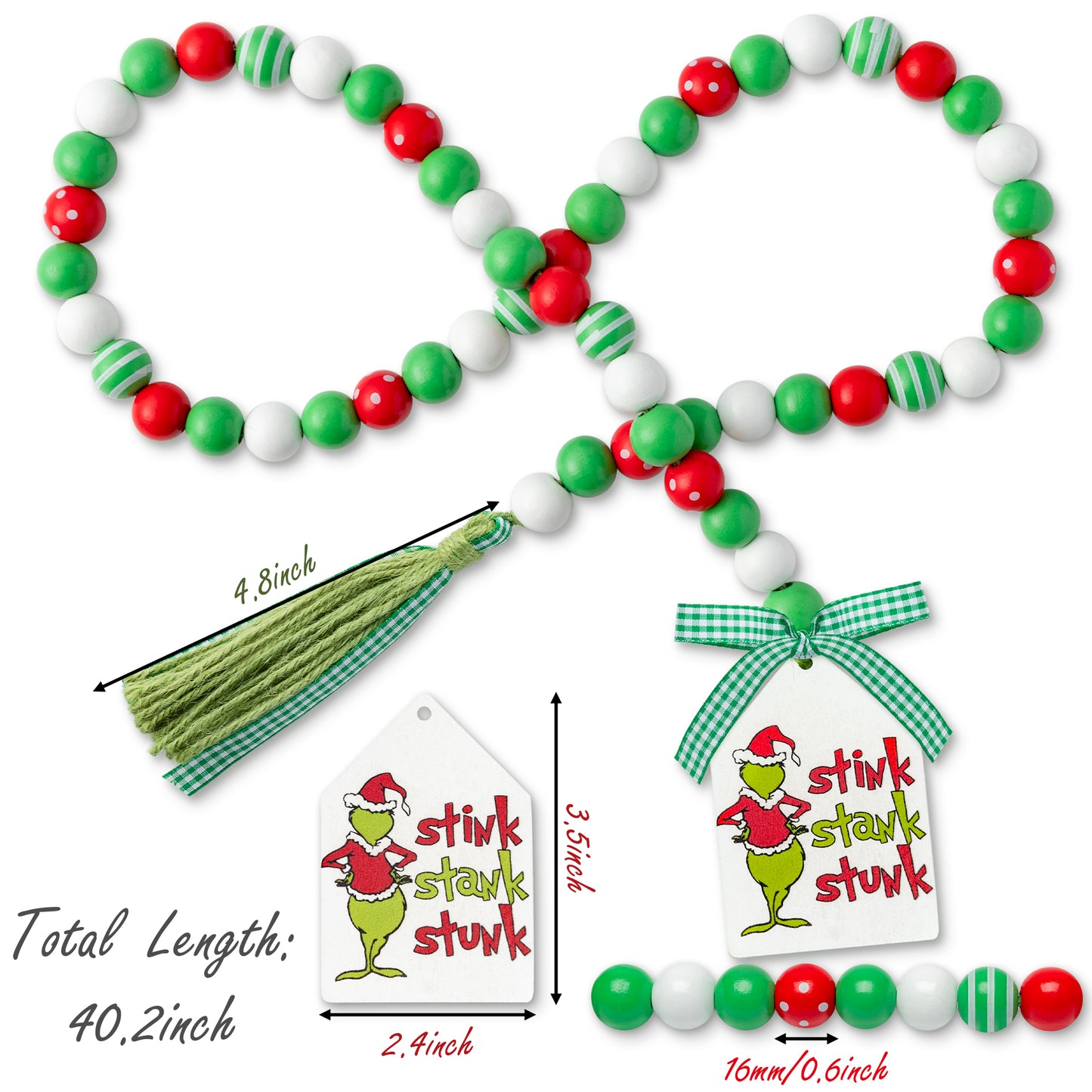 DJianrang Christmas Thief Green Monster Wood Bead Garland Rustic Natural Beads with Cotton Rope Plaid Tassel Stink Stank Stunk Wooden Tag Farmhouse Holiday Ornaments for Xmas Tree Wreath Tiered Tray