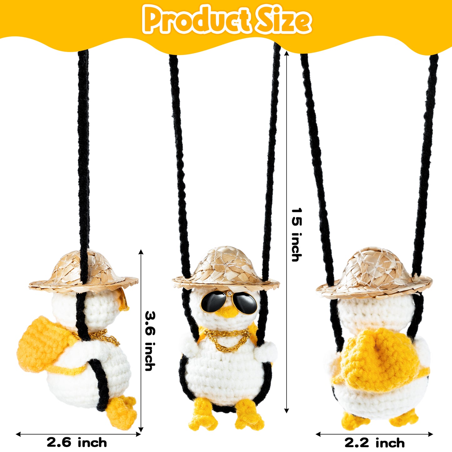 DJianrang Handmade Crochet Car Ornament Hanging Charms Accessories Swinging Duck with Sunglasses & Gold Chain Rearview Mirror Decoration Automotive Interior Aesthetic Gifts for Women Men