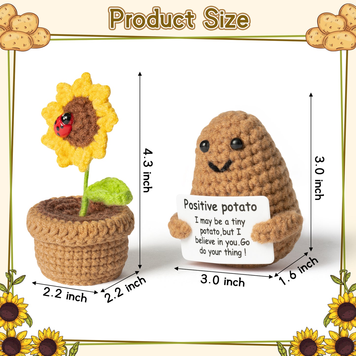 DJianrang 2PCS Mini Funny Positive Potato Flowers Pot Handmade Crochet Desk Decoration 3 inch Knitted Potatoes with Inspirational Card 4 inch Sunflower Wool Doll Cheer Up Encouragement Gift for Friend