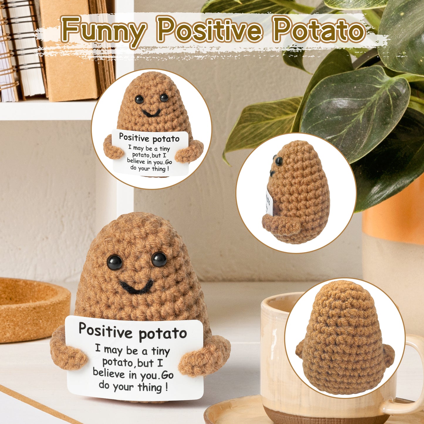 DJianrang 2PCS Mini Funny Positive Potato Flowers Pot Handmade Crochet Desk Decoration 3 inch Knitted Potatoes with Inspirational Card 4 inch Sunflower Wool Doll Cheer Up Encouragement Gift for Friend