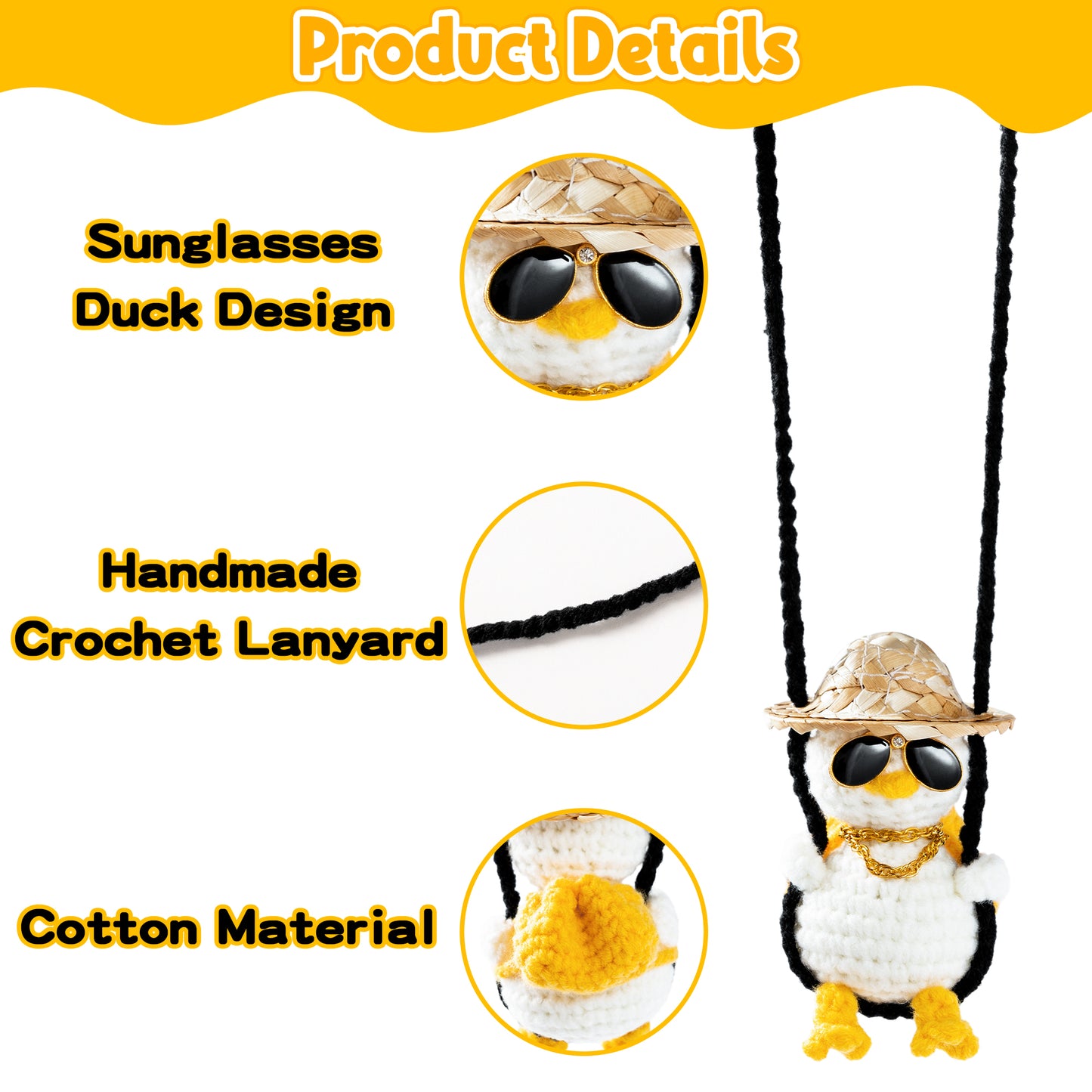 DJianrang Handmade Crochet Car Ornament Hanging Charms Accessories Swinging Duck with Sunglasses & Gold Chain Rearview Mirror Decoration Automotive Interior Aesthetic Gifts for Women Men