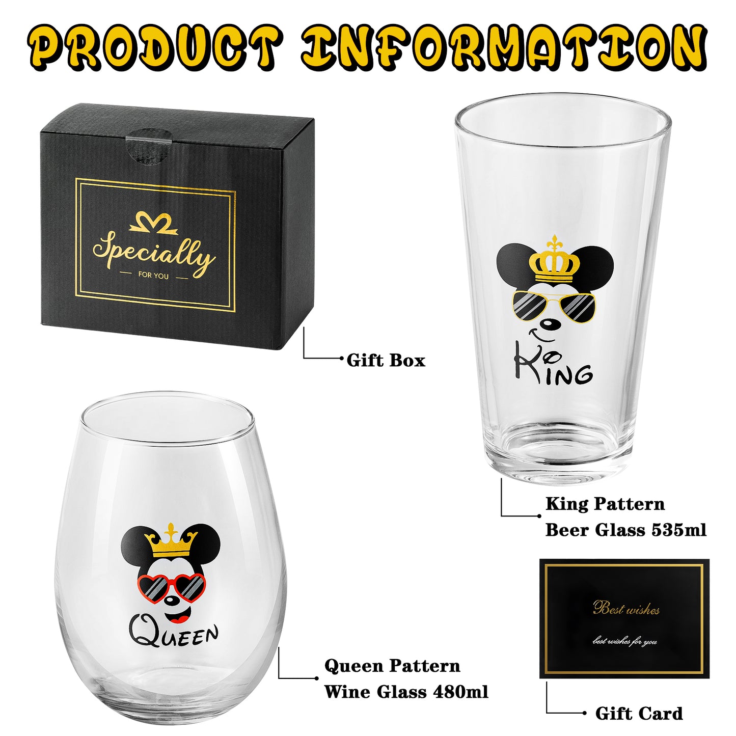 DJianrang King and Queen Beer & Wine Glass Best Wishes Gift Set for Husband Wife Newlyweds Stemless Drinkware Couples Glassware Drinking Cups Ideal for Engagement Wedding Anniversaries Christmas