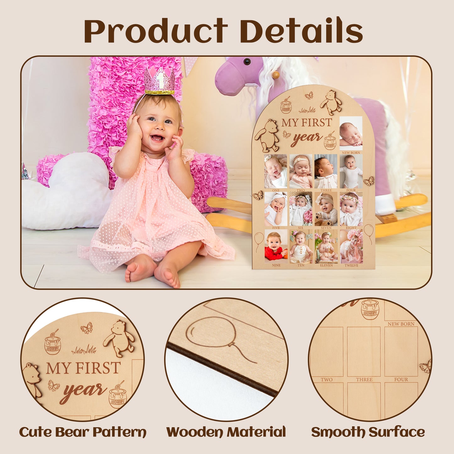 DJianrang My First Year Photo Display Wood Board Bear Pattern Baby's 1st Birthday Picture Frame Newborn 12 Months Photos Milestone Memories Keepsake Board Gift Nursery Decoration for Boys Girls