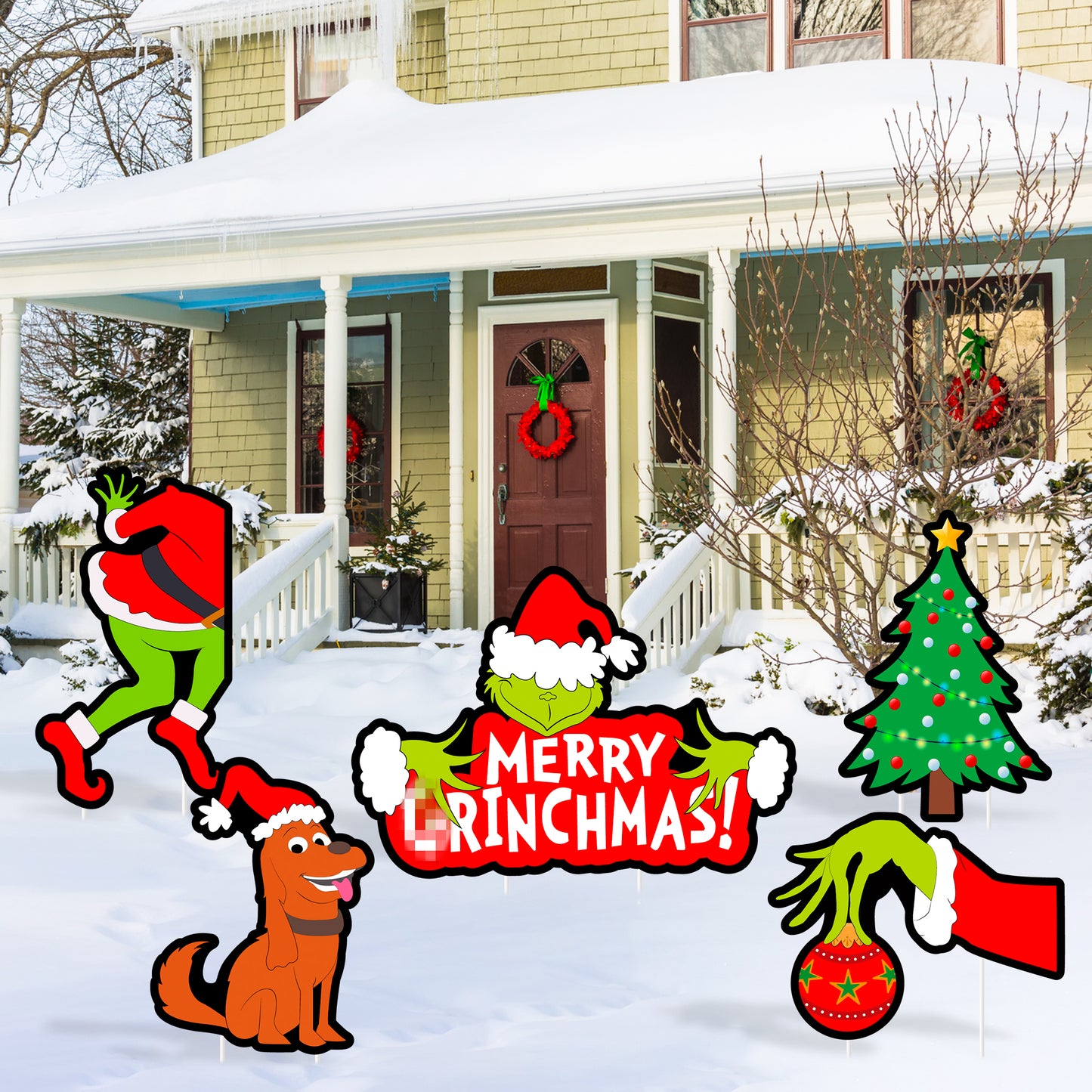 DJianrang 5Pcs Merry Christmas Yard Sign Furry Green Monster Xmas Tree Dog Lawn Signs with Stakes Indoor Outdoor Garden Courtyard Decorations for Winter Christmas Theme Holiday Party Supplies