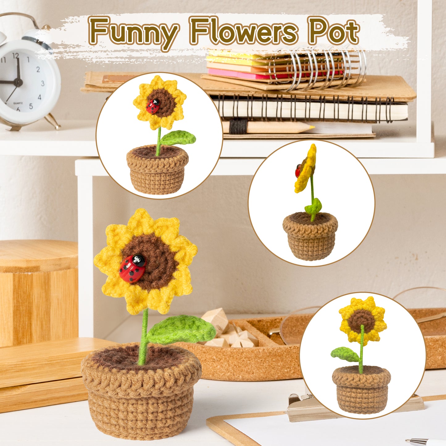 DJianrang 2PCS Mini Funny Positive Potato Flowers Pot Handmade Crochet Desk Decoration 3 inch Knitted Potatoes with Inspirational Card 4 inch Sunflower Wool Doll Cheer Up Encouragement Gift for Friend