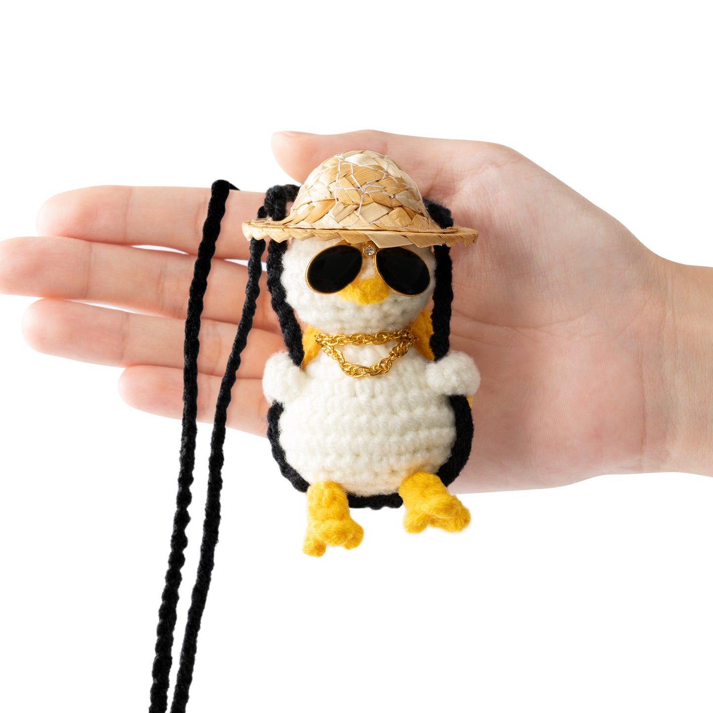 DJianrang Handmade Crochet Car Ornament Hanging Charms Accessories Swinging Duck with Sunglasses & Gold Chain Rearview Mirror Decoration Automotive Interior Aesthetic Gifts for Women Men