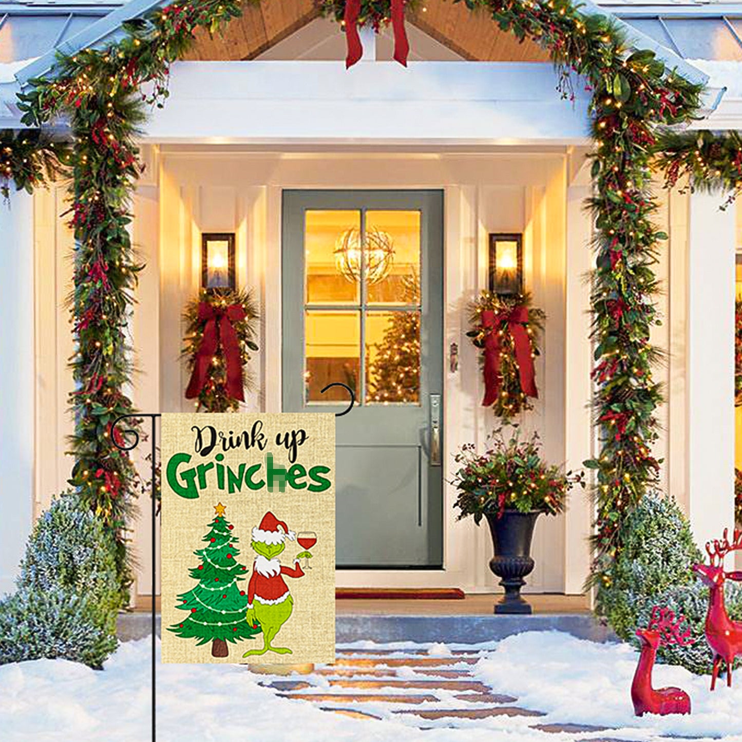 DJianrang 2Pcs Merry Christmas Garden Flag Double Sided Print Burlap Vertical Yard Flags with Green Monster Xmas Tree House Flag Holiday Decoration for Winter Home Indoor Outdoor Lawn Patios 12X18 in