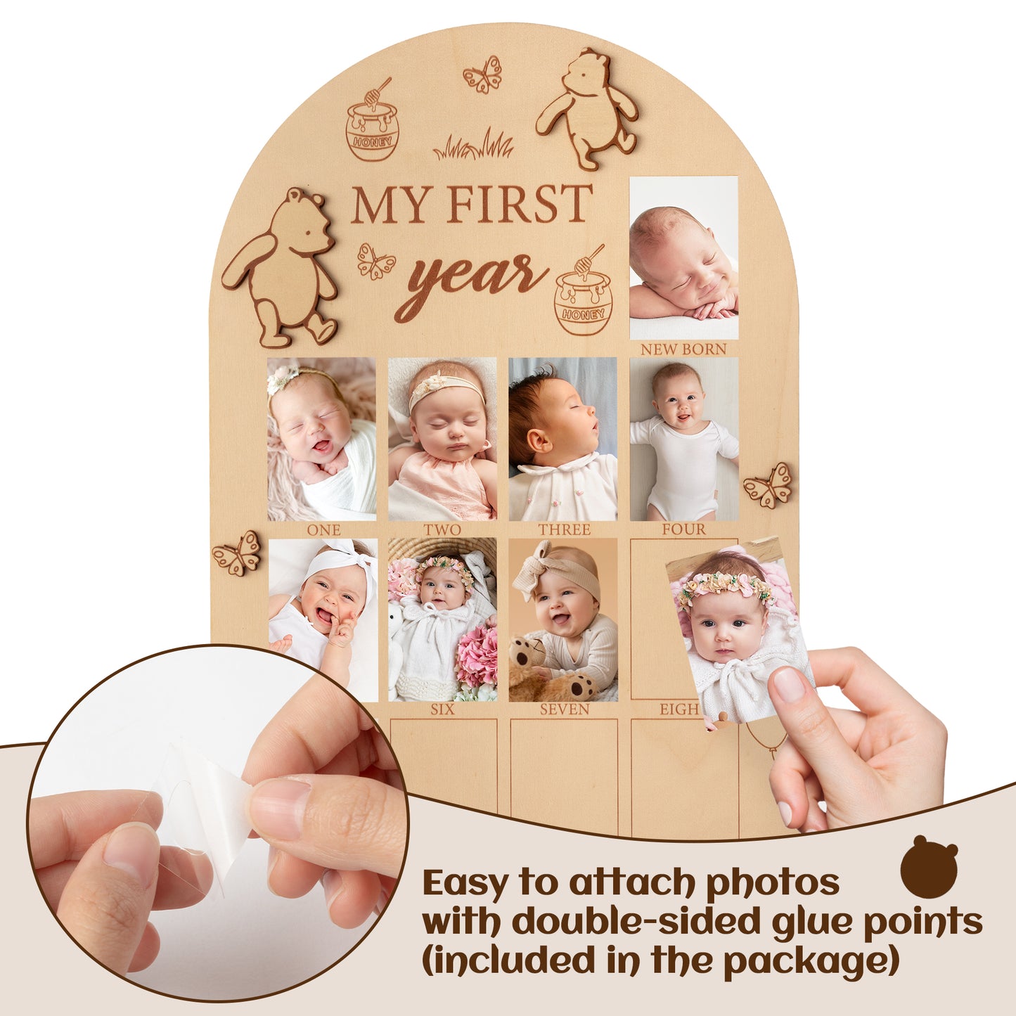 DJianrang My First Year Photo Display Wood Board Bear Pattern Baby's 1st Birthday Picture Frame Newborn 12 Months Photos Milestone Memories Keepsake Board Gift Nursery Decoration for Boys Girls