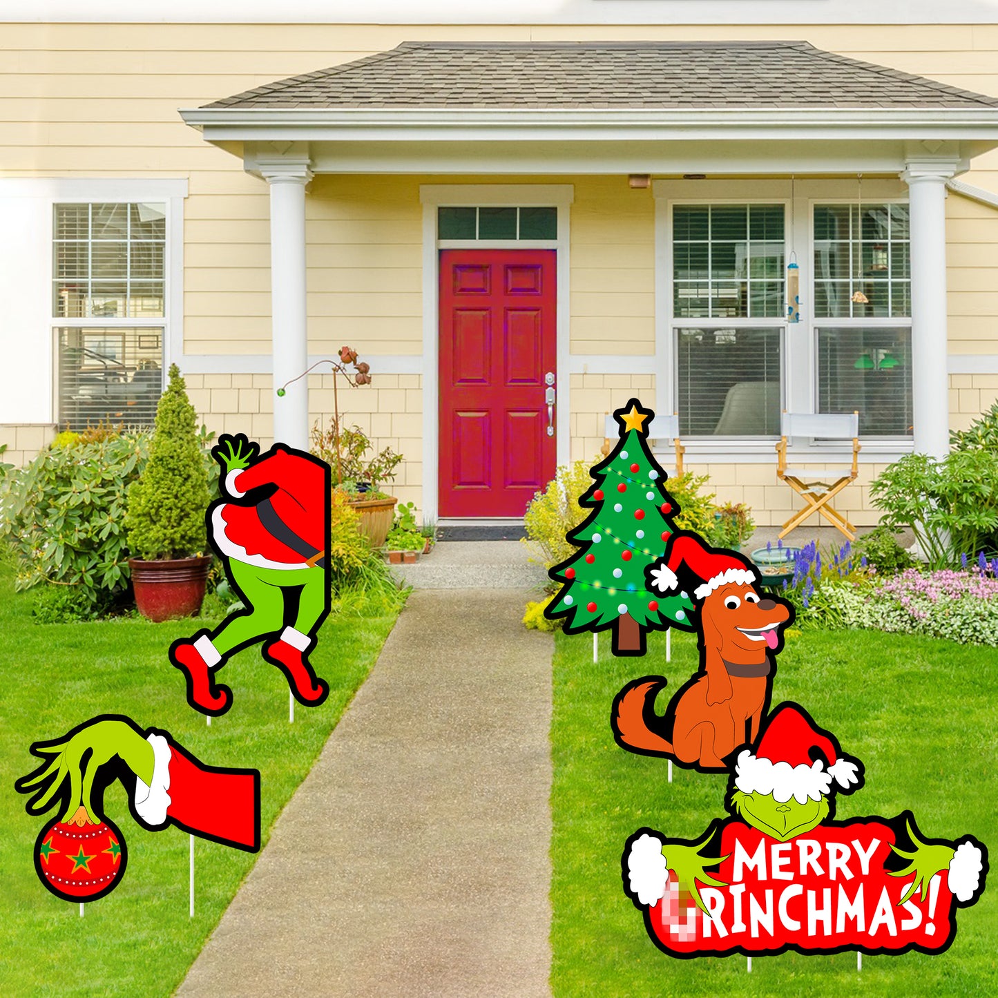 DJianrang 5Pcs Merry Christmas Yard Sign Furry Green Monster Xmas Tree Dog Lawn Signs with Stakes Indoor Outdoor Garden Courtyard Decorations for Winter Christmas Theme Holiday Party Supplies