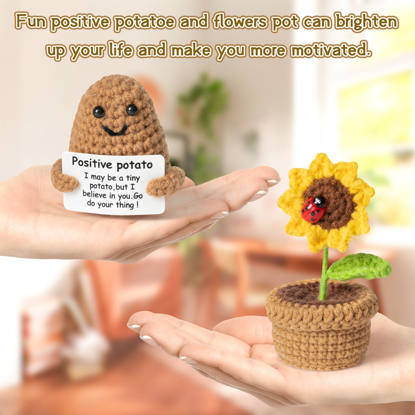 DJianrang 2PCS Mini Funny Positive Potato Flowers Pot Handmade Crochet Desk Decoration 3 inch Knitted Potatoes with Inspirational Card 4 inch Sunflower Wool Doll Cheer Up Encouragement Gift for Friend