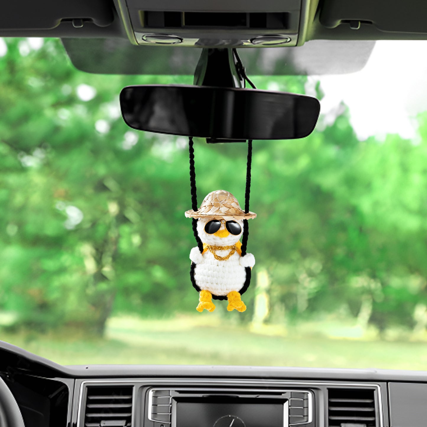 DJianrang Handmade Crochet Car Ornament Hanging Charms Accessories Swinging Duck with Sunglasses & Gold Chain Rearview Mirror Decoration Automotive Interior Aesthetic Gifts for Women Men