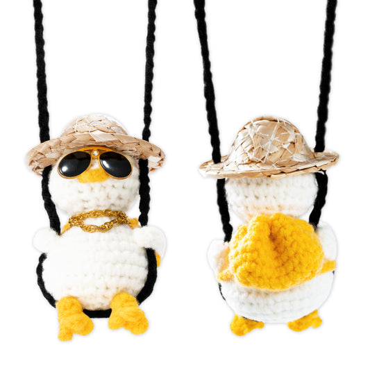 DJianrang Handmade Crochet Car Ornament Hanging Charms Accessories Swinging Duck with Sunglasses & Gold Chain Rearview Mirror Decoration Automotive Interior Aesthetic Gifts for Women Men