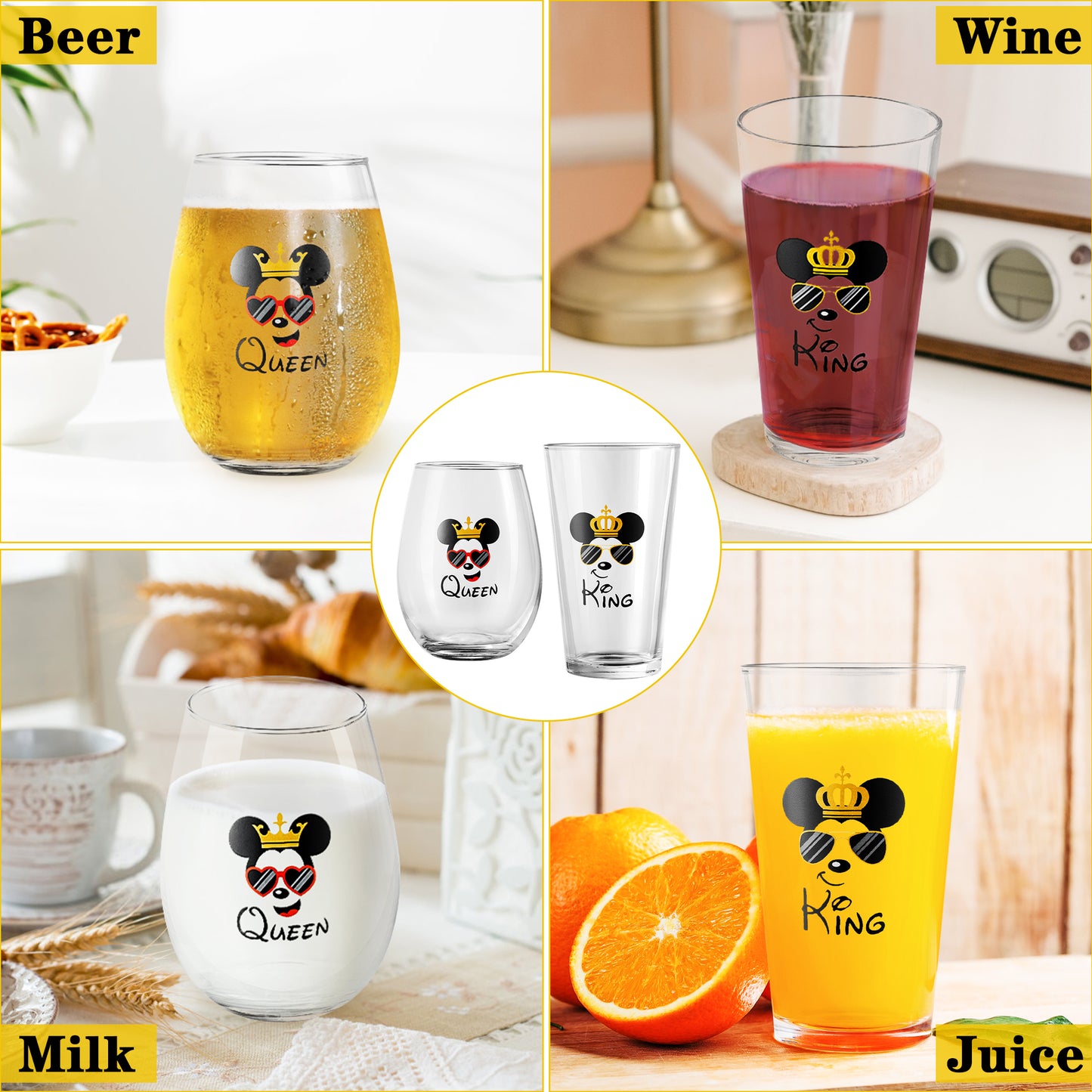 DJianrang King and Queen Beer & Wine Glass Best Wishes Gift Set for Husband Wife Newlyweds Stemless Drinkware Couples Glassware Drinking Cups Ideal for Engagement Wedding Anniversaries Christmas