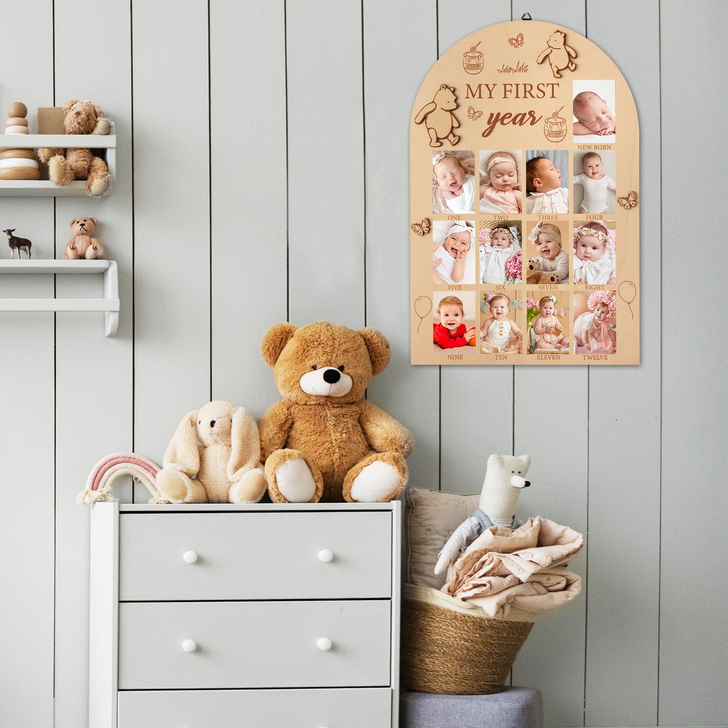 DJianrang My First Year Photo Display Wood Board Bear Pattern Baby's 1st Birthday Picture Frame Newborn 12 Months Photos Milestone Memories Keepsake Board Gift Nursery Decoration for Boys Girls