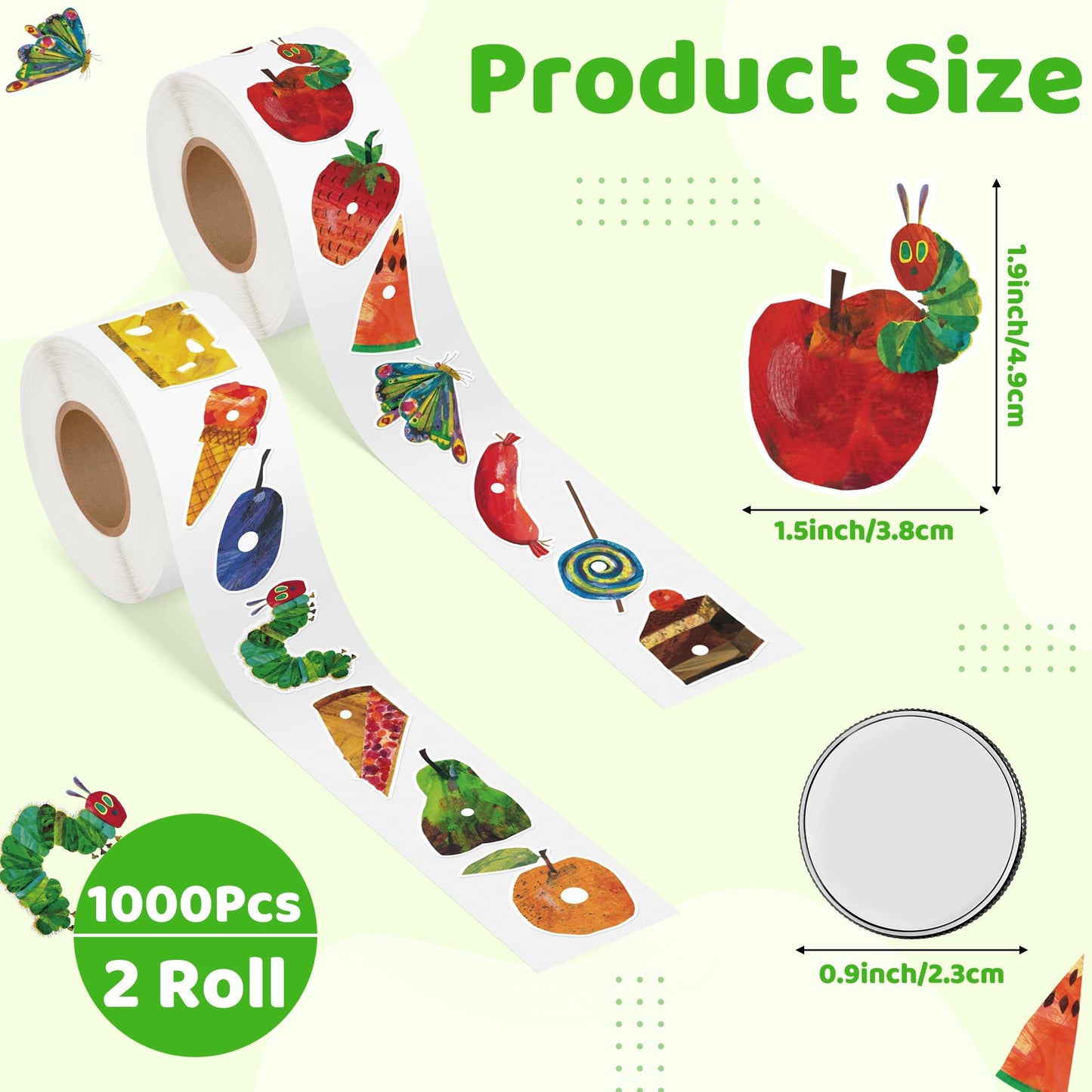 DJianrang 1000Pcs Hunger Cartoon Caterpillar Food Reveal Stickers Labels Dessert Fruit Reading Story Party Supplies Favors Roll 1.9 inch Stickers for Voting Game Ideas Baby Shower Gender Reveal Party