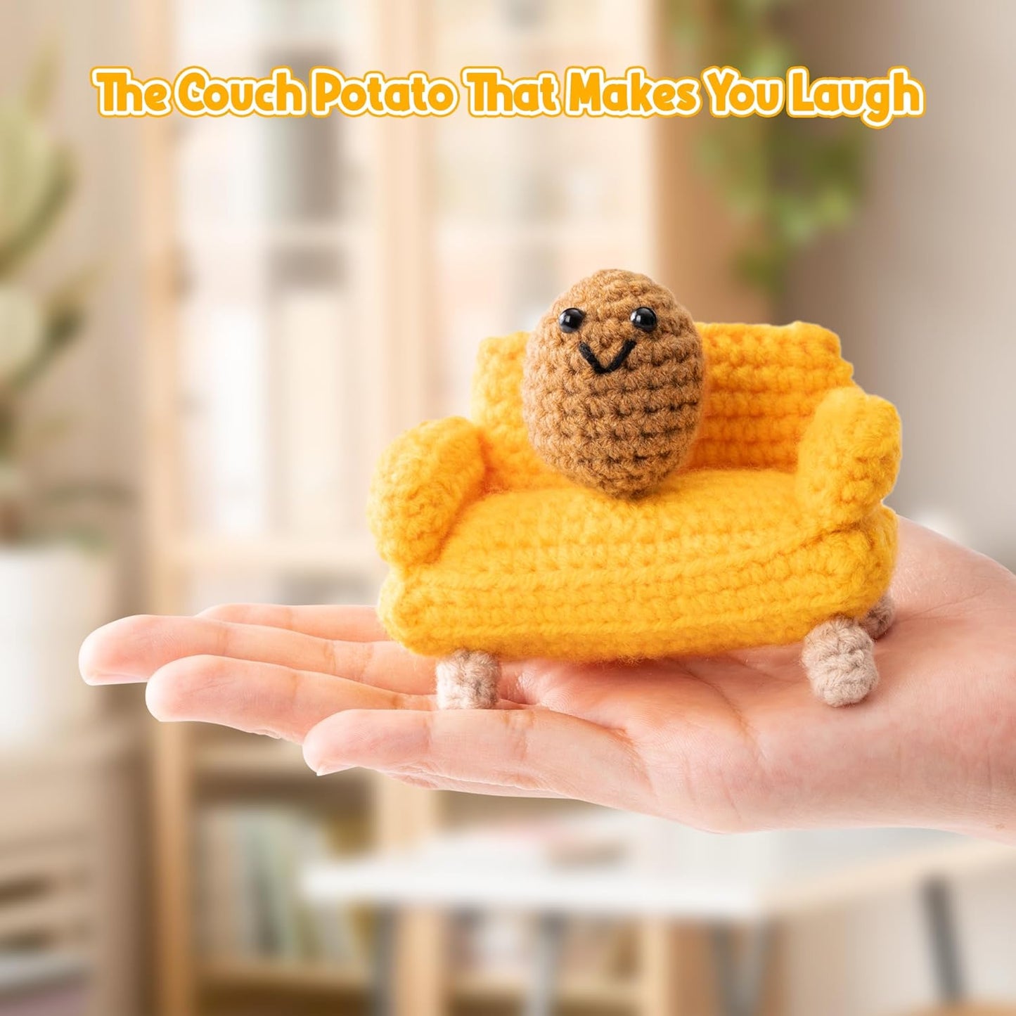 DJianrang 2PCS Mini Funny Yellow Crochet Couch Potato Handmade Crochet Desk Decoration 3 inch Knitted Couch 2 inch Knitted Potatoes Cute Wool Doll Christmas New Year Birthday Gift for TV Junkie Friend