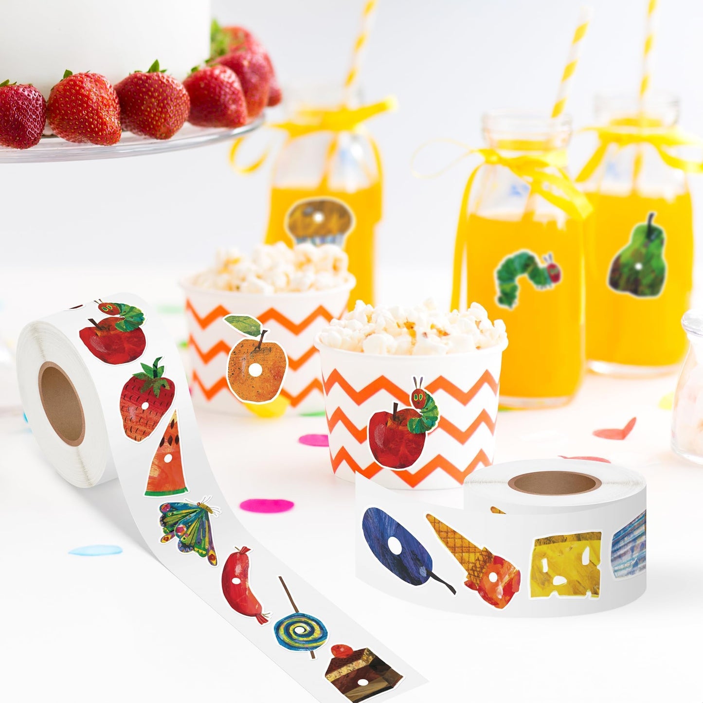 DJianrang 1000Pcs Hunger Cartoon Caterpillar Food Reveal Stickers Labels Dessert Fruit Reading Story Party Supplies Favors Roll 1.9 inch Stickers for Voting Game Ideas Baby Shower Gender Reveal Party