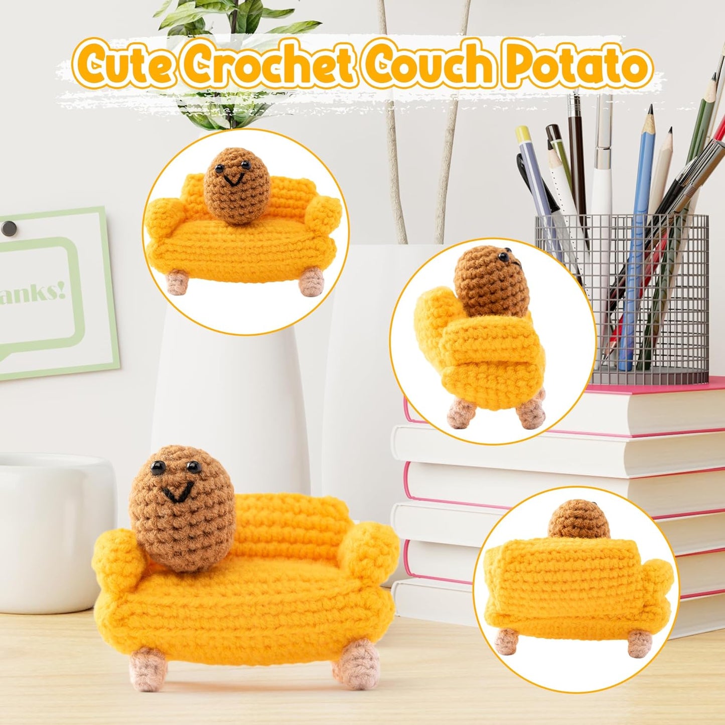 DJianrang 2PCS Mini Funny Yellow Crochet Couch Potato Handmade Crochet Desk Decoration 3 inch Knitted Couch 2 inch Knitted Potatoes Cute Wool Doll Christmas New Year Birthday Gift for TV Junkie Friend