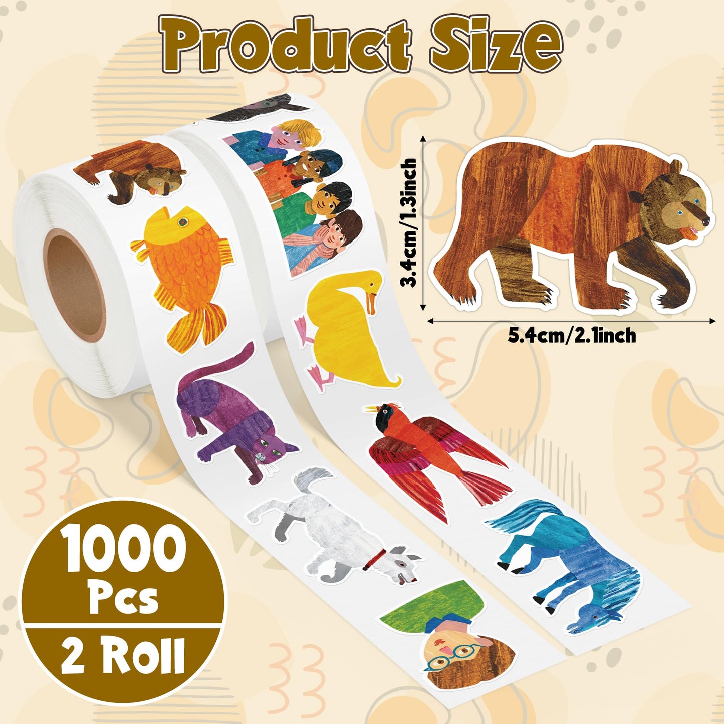 1000Pcs Brown Bear Roll Labels Stickers for Journal, Birthday School Party