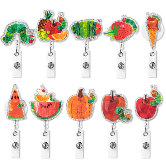 Caterpillar Glitter Badge Reels - 10Pcs Caterpillar Fruit Insects Patterns Badge Reel Retractable ID Holders with Alligator Clip Nursing Name Tag Gift for Teacher Student Employee Doctors Decor