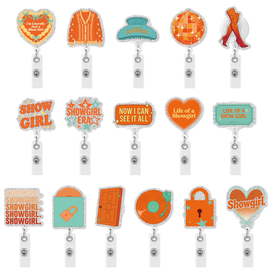 DJianrang Showgirl Glitter Badge Reels - 16Pcs Life of a Showgirl Patterns Badge Reel Retractable ID Holders with Alligator Clip Nursing Name Tag Bow Gift for Teacher Student Employee Doctors Decor