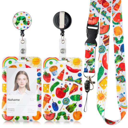 DJianrang Caterpillar ID Badge Lanyard Holder Set Fruit Insect Design Pattern Retractable Reel Alligator Clip Nursing Name Tag Gift for Teacher Nurse Student Office Work Summer Event Camp Gift