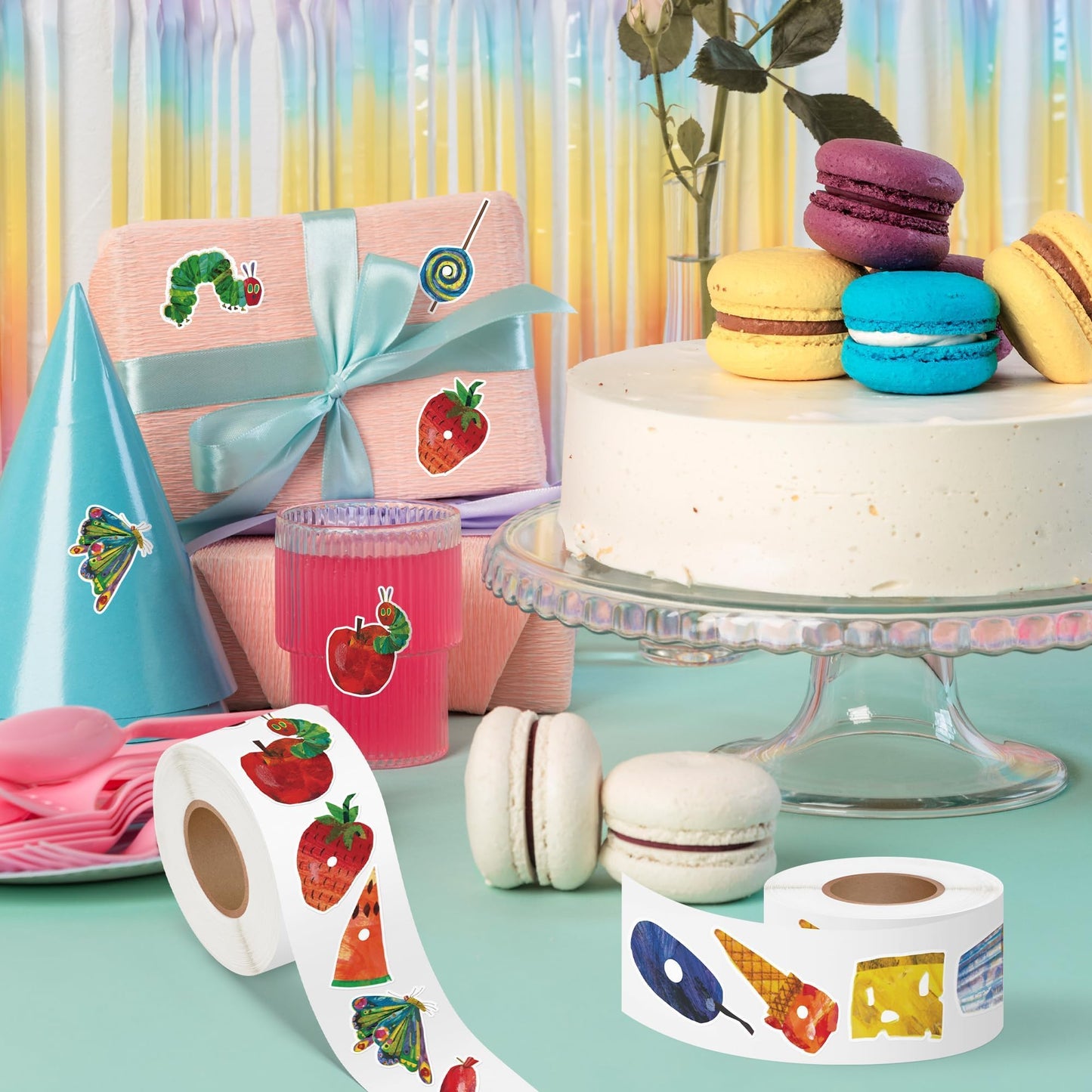 DJianrang 1000Pcs Hunger Cartoon Caterpillar Food Reveal Stickers Labels Dessert Fruit Reading Story Party Supplies Favors Roll 1.9 inch Stickers for Voting Game Ideas Baby Shower Gender Reveal Party