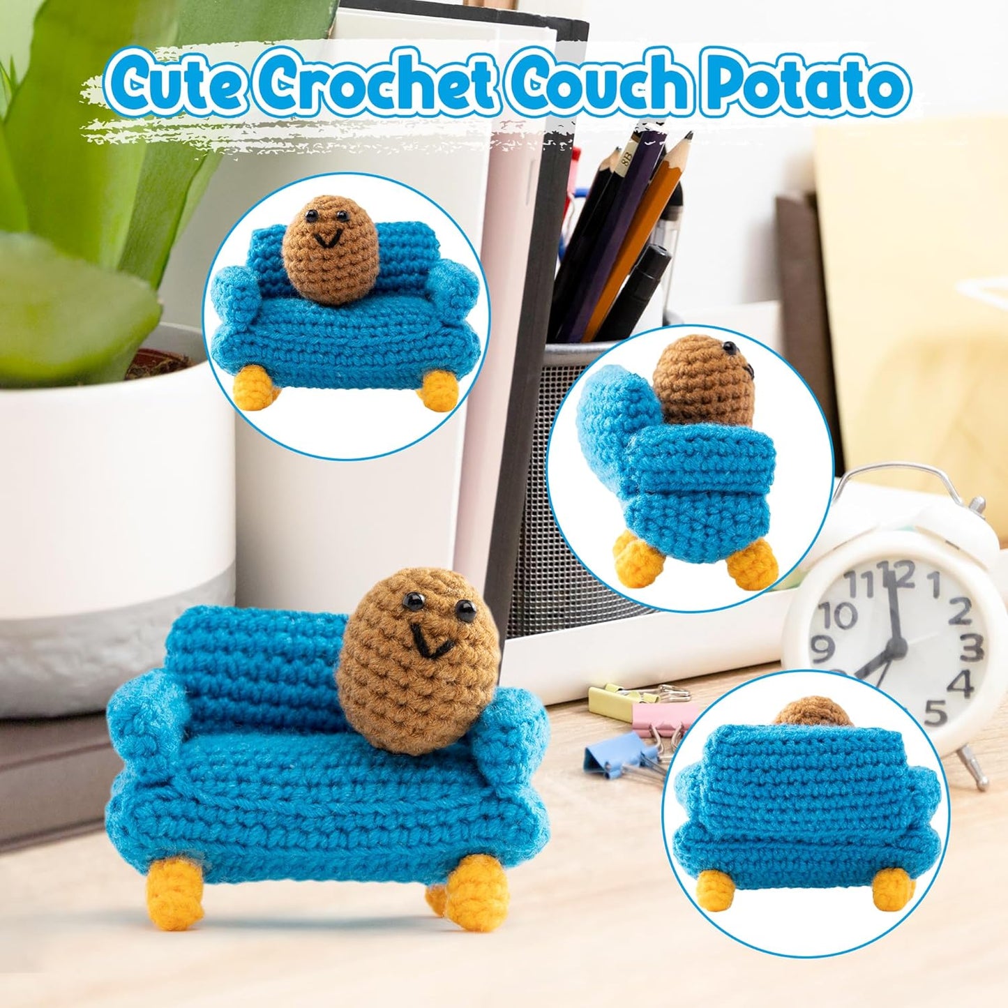 DJianrang 2PCS Mini Funny Blue Crochet Couch Potato Handmade Crochet Desk Decoration 3 inch Knitted Couch 2 inch Knitted Potatoes Cute Wool Doll Christmas New Year Birthday Gifts for TV Junkie Friends