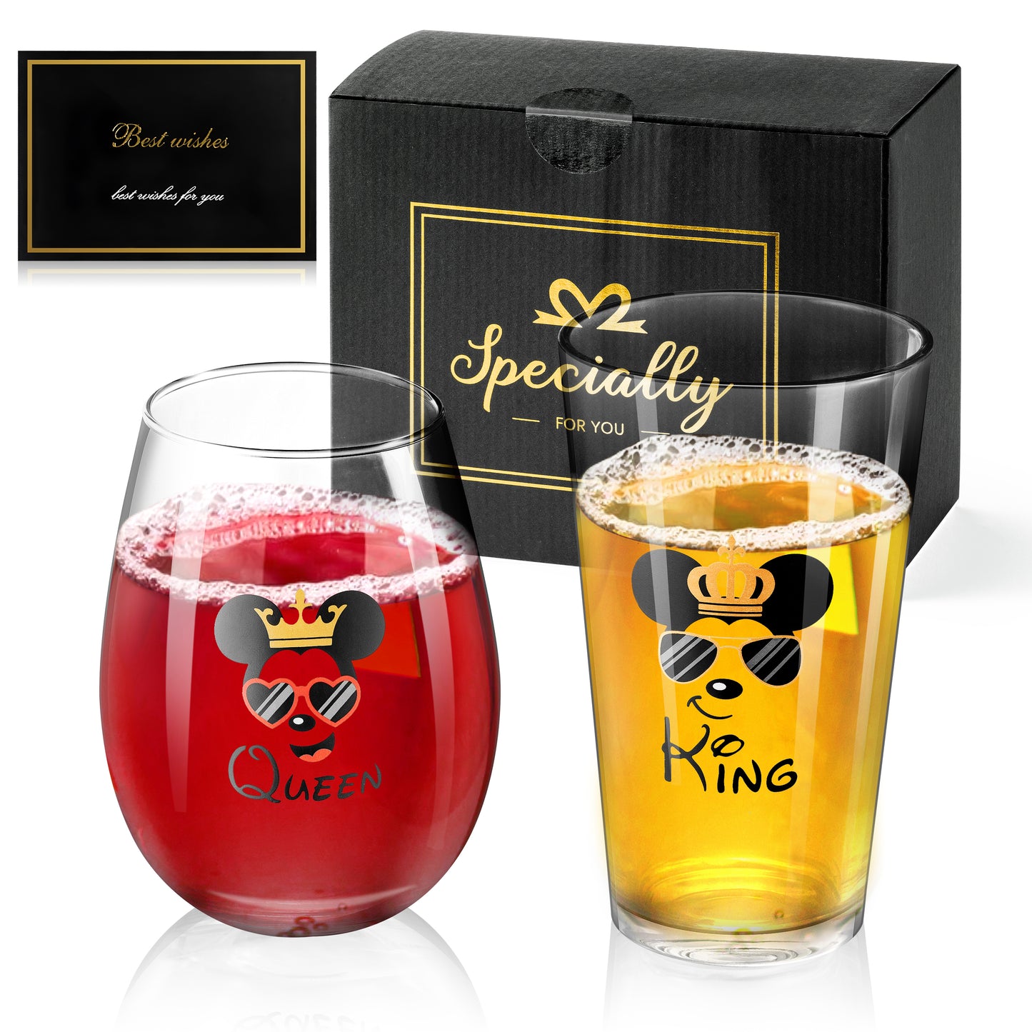 DJianrang King and Queen Beer & Wine Glass Best Wishes Gift Set for Husband Wife Newlyweds Stemless Drinkware Couples Glassware Drinking Cups Ideal for Engagement Wedding Anniversaries Christmas